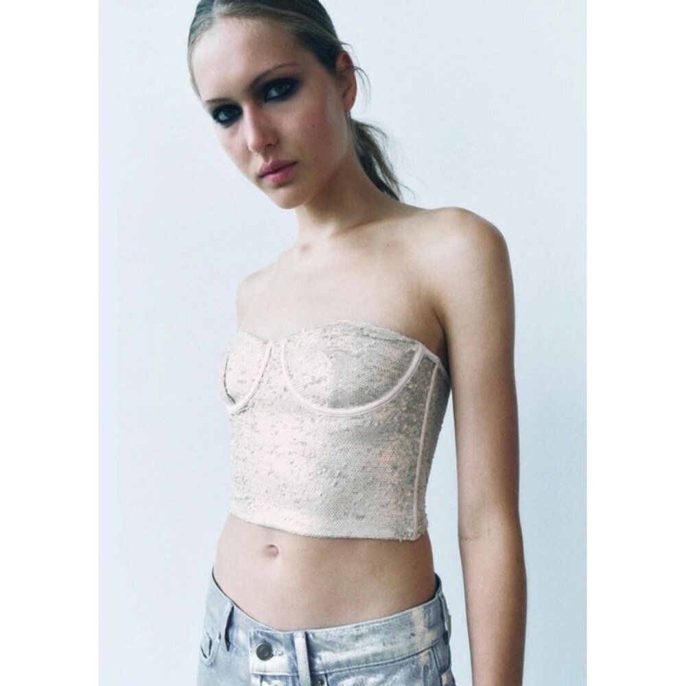 NWOT Zara champagne ecru sequin embellished corset crop top, XS, S, M, or L